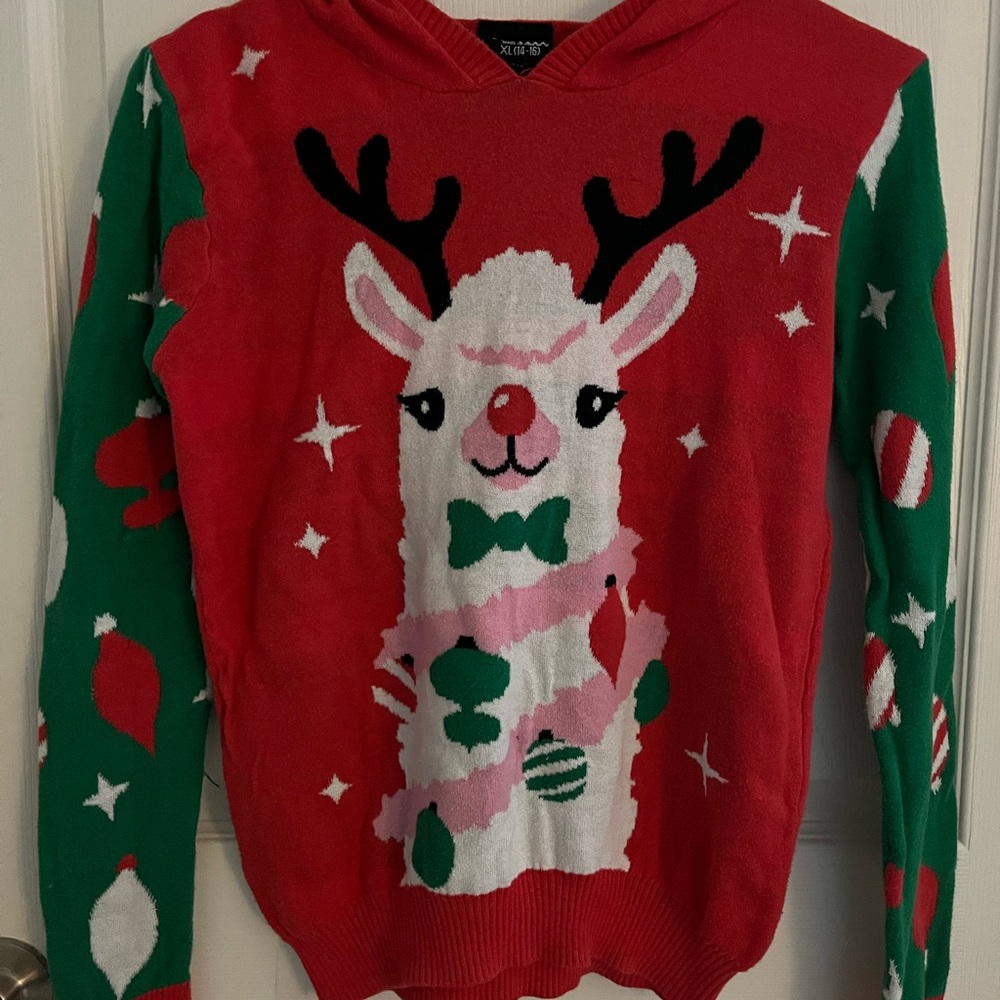 Festive Red and Green Sweater with Llama Design, Kids size 14-16
